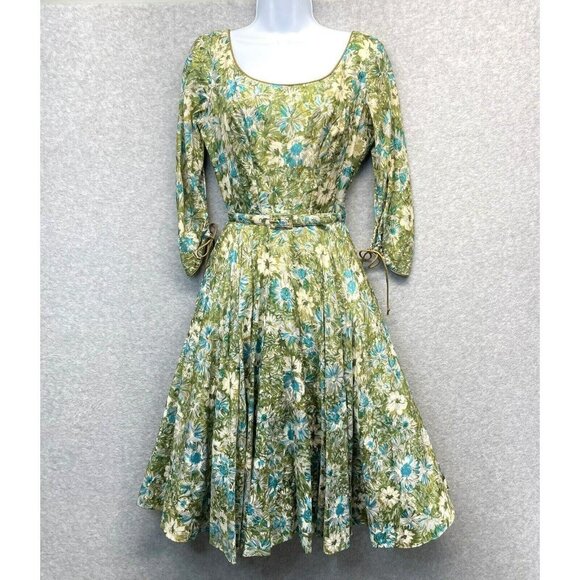 Dance Time by Phyllis Vintage Dress Womens XS/S Green Floral 1950's Full Sweep - Picture 1 of 16